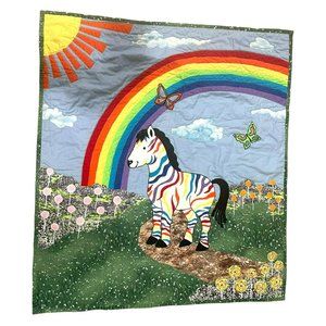 Vtg Baby Quilt Appliqued Scene Rainbow Zebra Flower Feild Sun Butterfly 42"x39"